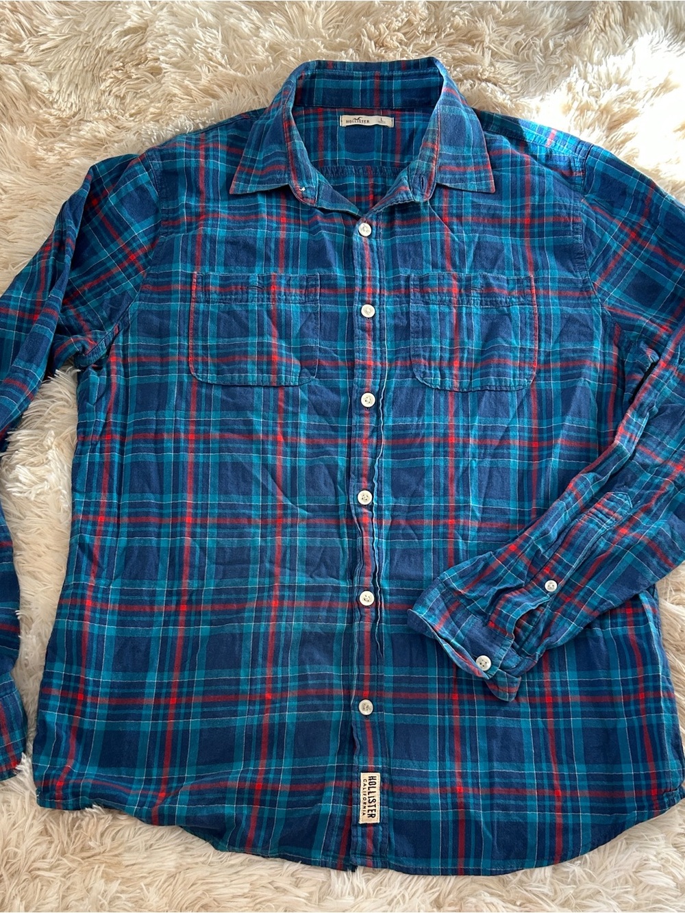 Hollister Blue and Red Plaid Long-Sleeve Button-Up Shirt